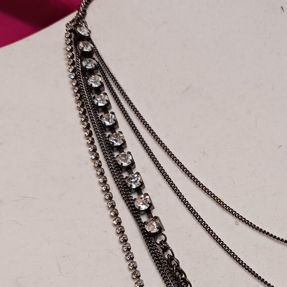 Hand Crafted Gun Metal Chain and Rhinestone Multi Layer Necklace - Picture 8 of 11